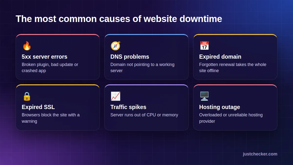Common causes of website downtime: server errors, DNS problems, expired domain, expired SSL, traffic spikes and hosting outages
