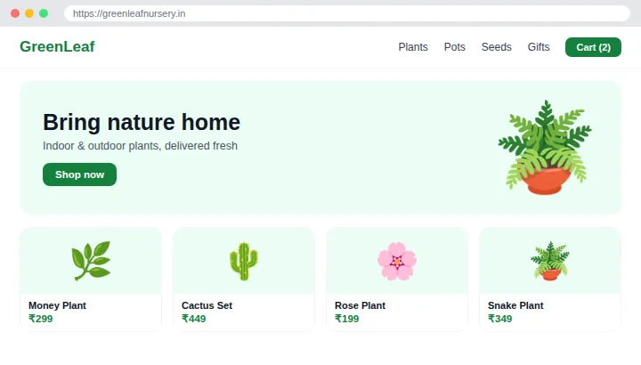 Example Plant Nursery E-commerce Website design